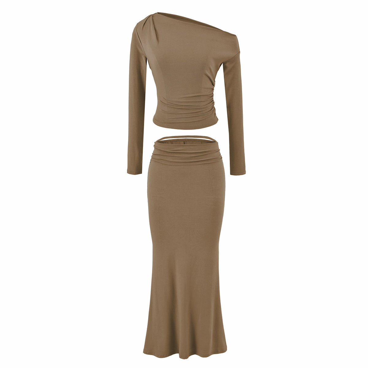 Women's One-Shoulder Two-Piece Set with Ruched Crop Top and Fitted Maxi Skirt EVA-US