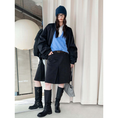 Women Knee-Length A-Line Skirt with Center Slit and Waist Pockets EVA-US