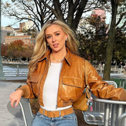 Women's Short Leather-Look Blouson Jacket with Large Flap Pockets and Ribbed Cuff EVA-US