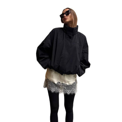 Women’s Cropped Wind Jacket with high-closing stand collar and boxy silhouette EVA-US