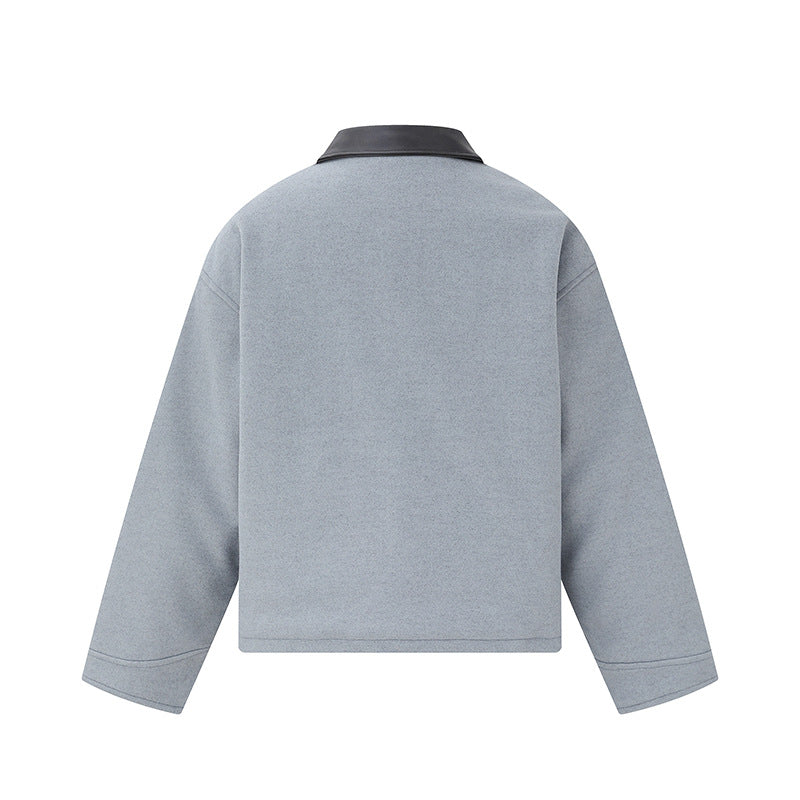 Unisex Short Blouson in minimalist Workwear look made of wool blend with leather look collar EVA-US
