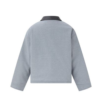 Unisex Short Blouson in minimalist Workwear look made of wool blend with leather look collar EVA-US