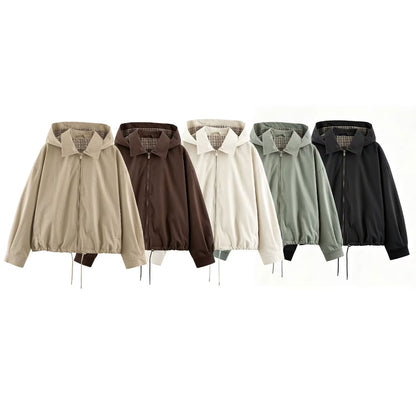 Women's Lightweight Hoodie Jacket in Cropped Oversize Fit with Drawstring Hem and Concealed Zipper EVA-US