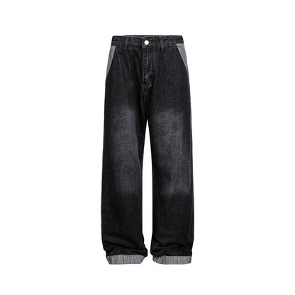 Unisex Wide Baggy Denim Pants with High Waist and Contrasting Pockets EVA-US