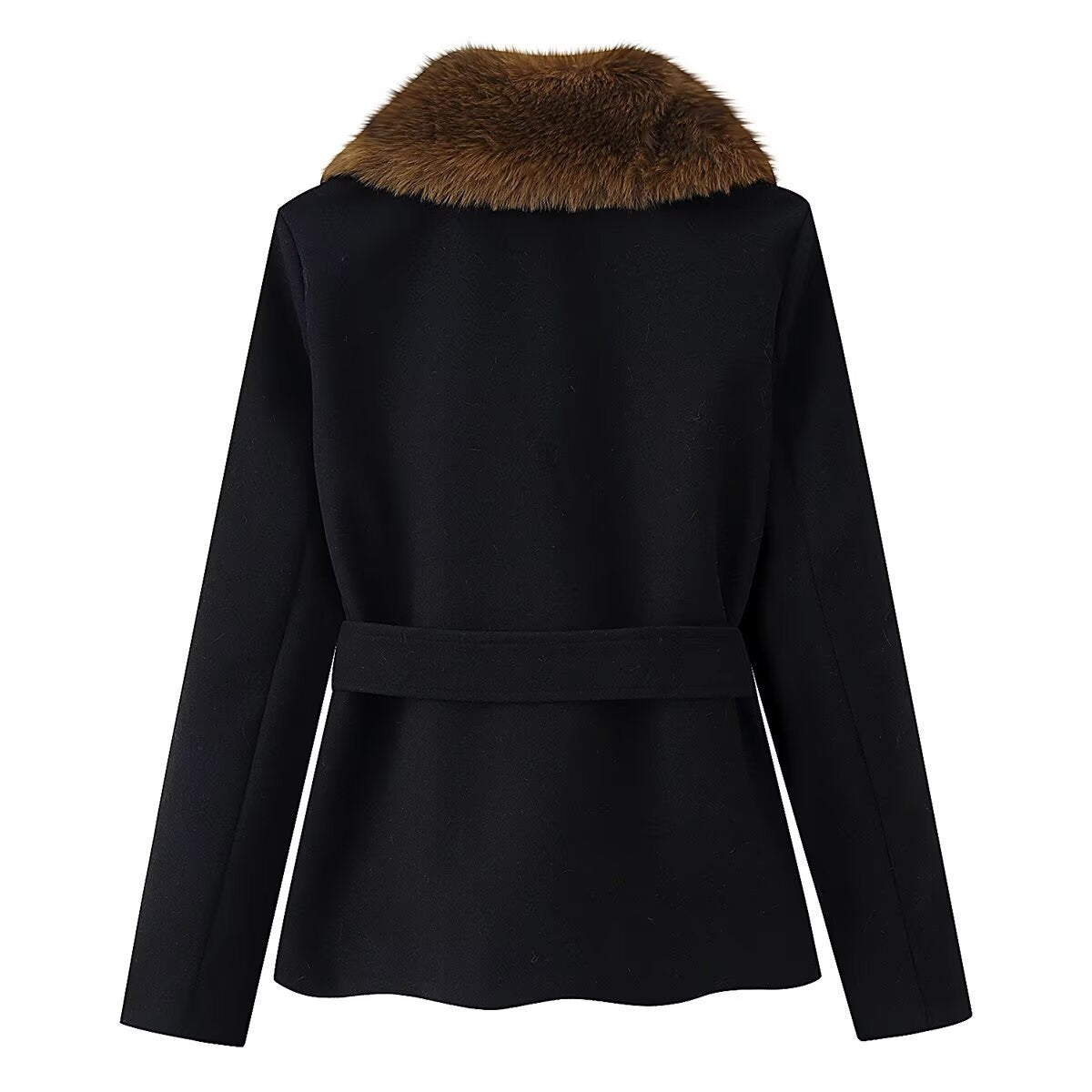 Women short coat with detachable faux fur shawl collar and belt EVA-US