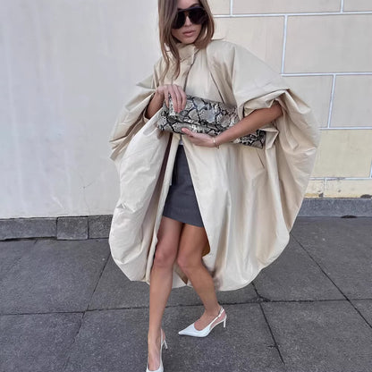 Women Oversize Cape Coat with Stand-Up Collar and Balloon-Shaped Silhouette EVA-US