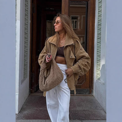 Women's Oversized Suede Leather Bomber Jacket with Epaulettes and Adjustable Waist EVA-US