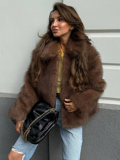 Women's Short Cut Voluminous Faux Fur Coat with Wide Shawl Collar EVA-US