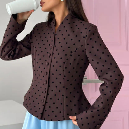 Women's Tailored Stand Collar Blazer with Polka Dot Pattern and Concealed Button Placket EVA-US