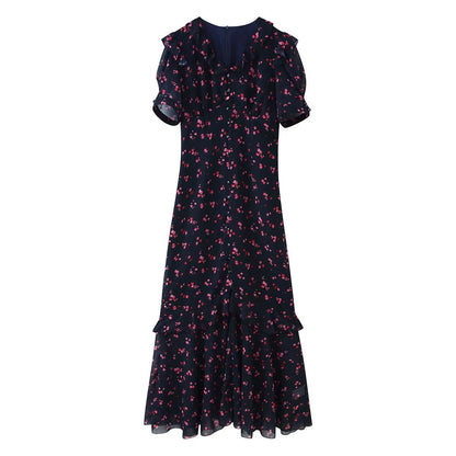 Women’s maxi dress with ruffles, V-neck and floral chiffon look EVA-US