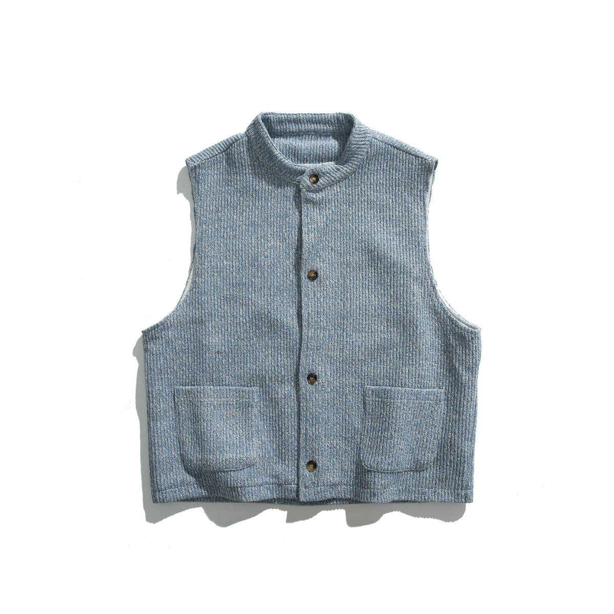 Women's knitted vest with stand-up collar, button placket and patch pockets EVA-US