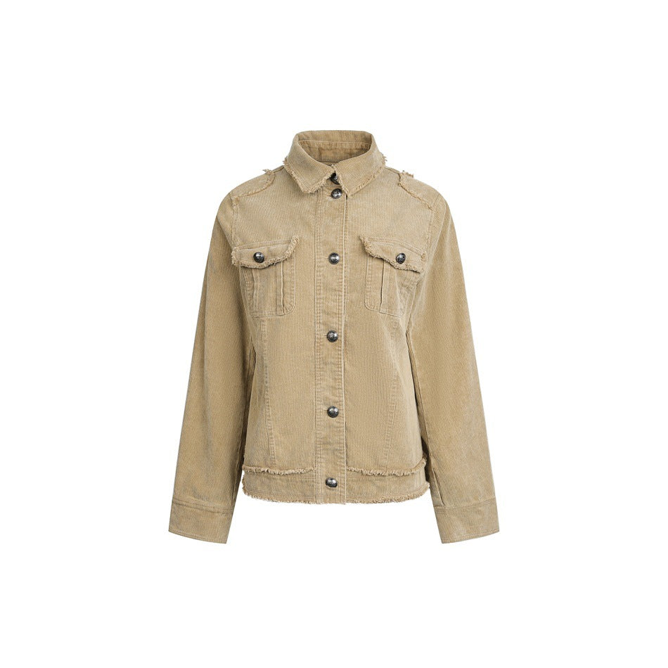 Women's short cord jacket with fringing, shirt collar and flap pockets EVA-US