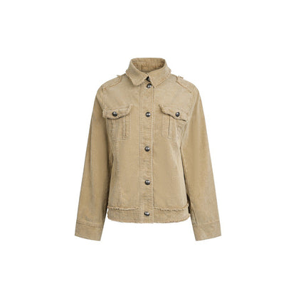 Women's short cord jacket with fringing, shirt collar and flap pockets EVA-US