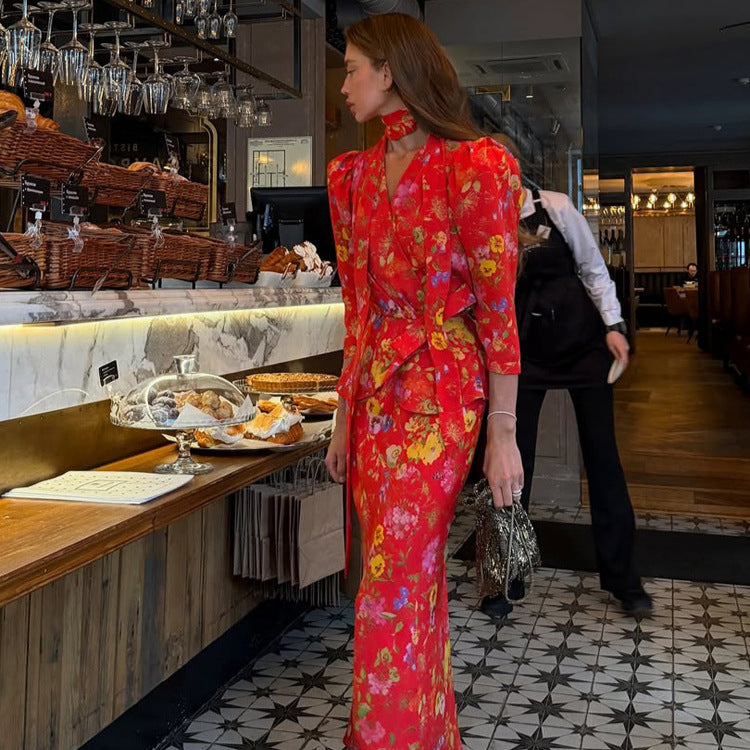 Women's wrap maxi dress with floral print, puff sleeves and shawl collar EVA-US