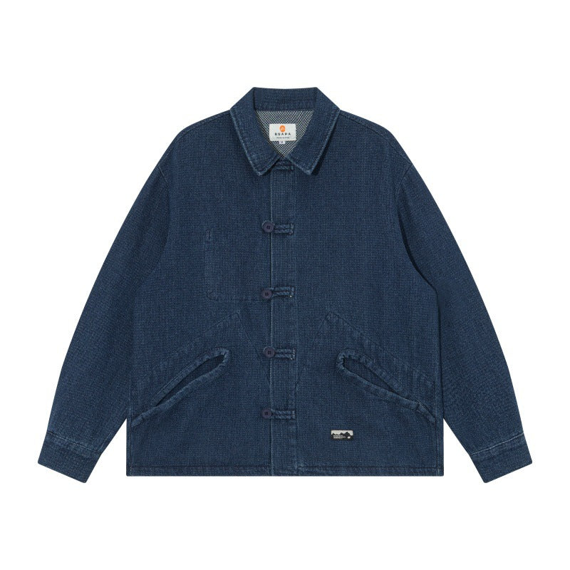 Men's short-cut denim chore jacket in boxy blouson style with Chinese toggle button placket EVA-US