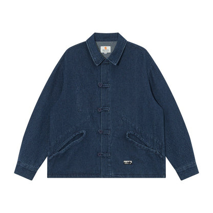 Men's short-cut denim chore jacket in boxy blouson style with Chinese toggle button placket EVA-US