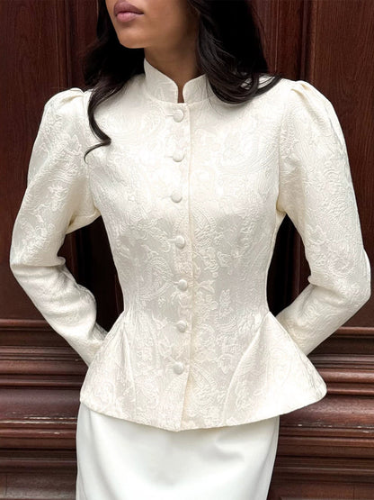 Women's tailored jacquard blouse with stand-up collar and decorative button placket EVA-US