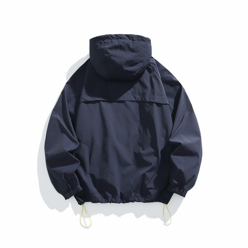 Unisex Technical Hooded Windbreaker in Boxy Cut with Vertical Chest Zippers and Drawstring Hem EVA-US