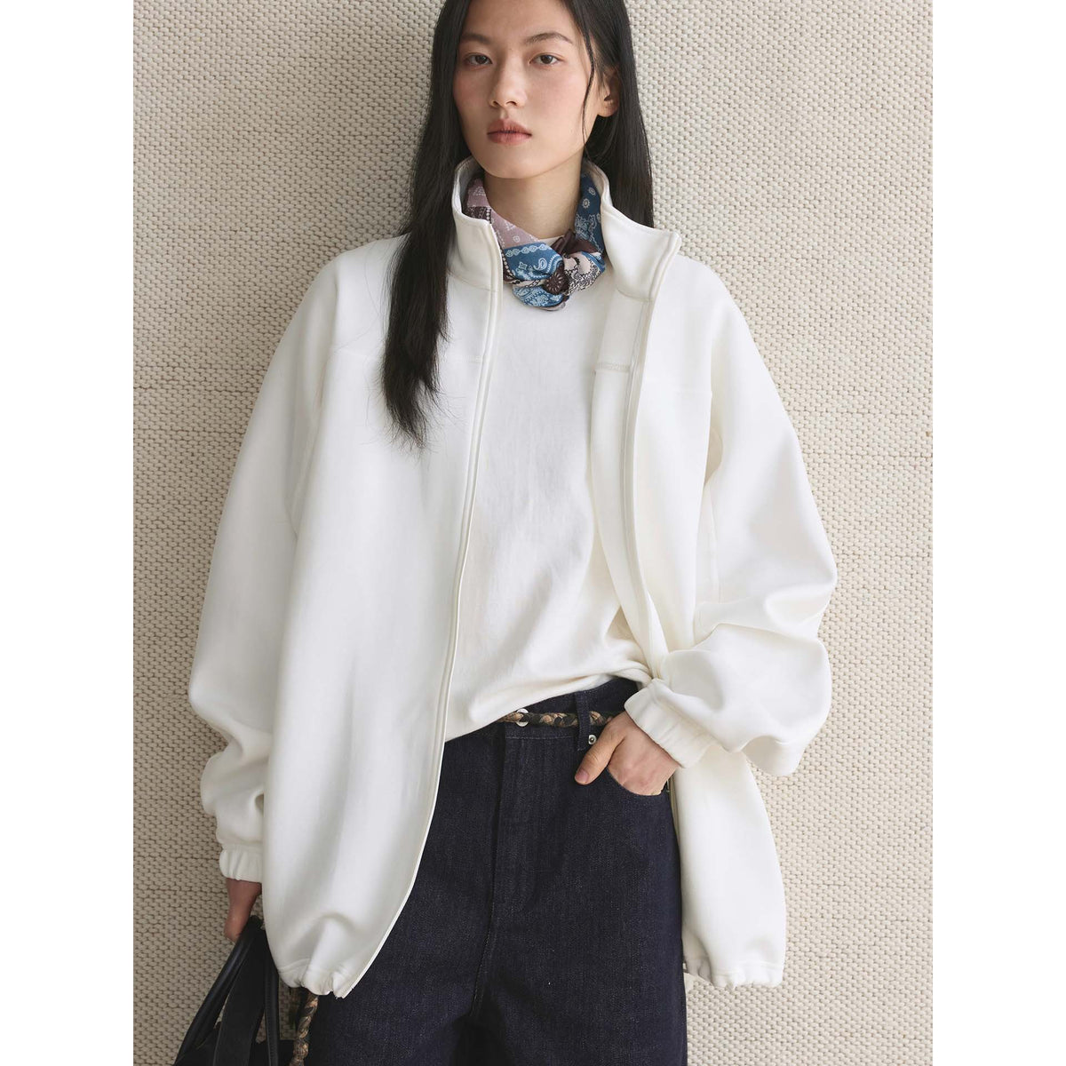 Women Oversize Zip Sweat Jacket with Stand Collar and Balloon Sleeves EVA-US