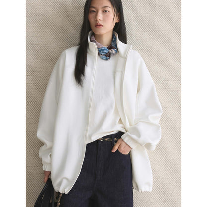Women Oversize Zip Sweat Jacket with Stand Collar and Balloon Sleeves EVA-US