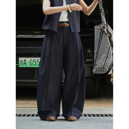 Women Wide High-Waisted Marlene Pants with Pleats and Low Crotch EVA-US
