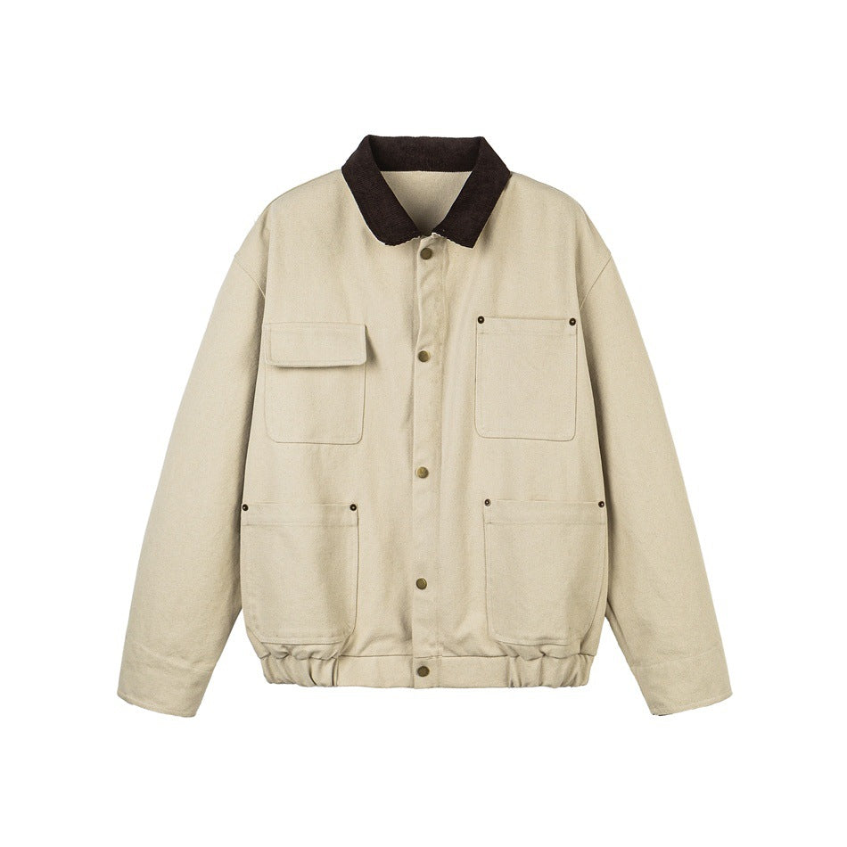 Unisex Short Cut Canvas Field Jacket with Cord Collar and Four Patch Pockets EVA-US