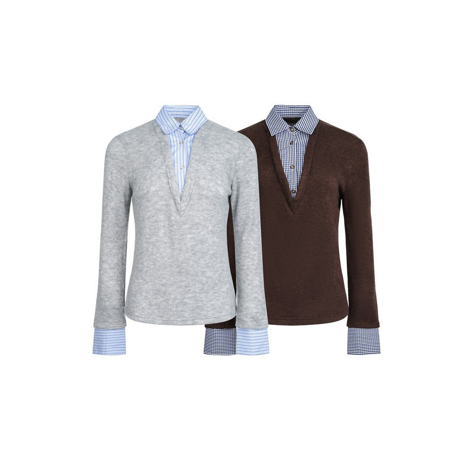 Women's Layered Look Sweater with Integrated Shirt Collar and Cuffs EVA-US