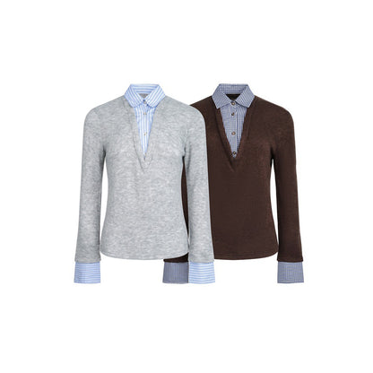 Women's Layered Look Sweater with Integrated Shirt Collar and Cuffs EVA-US