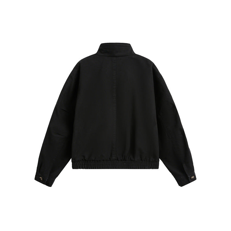 Unisex Short Cut Boxy Canvas Blouson Jacket with Funnel Collar, Patch Flap Pockets and Elastic Hem EVA-US