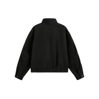 Unisex Short Cut Boxy Canvas Blouson Jacket with Funnel Collar, Patch Flap Pockets and Elastic Hem EVA-US