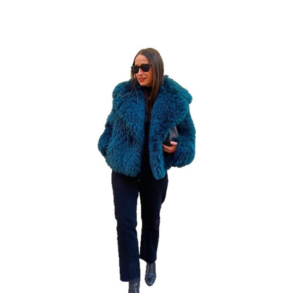 Women's Short Textured Faux Fur Coat with Voluminous Shawl Collar EVA-US