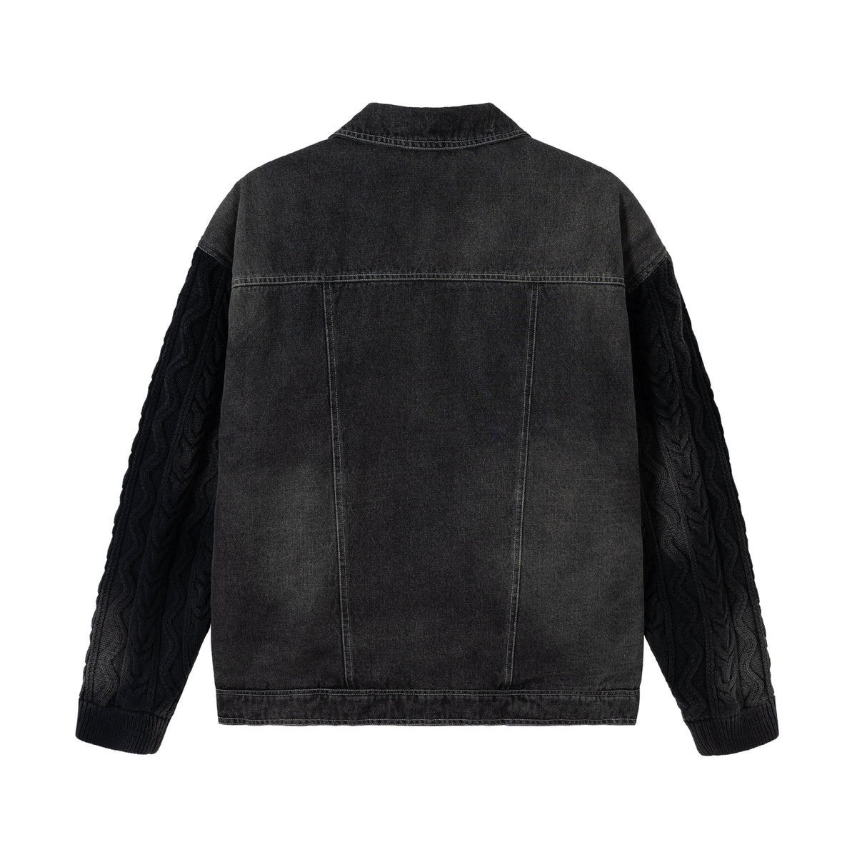 Men's denim jacket with applied leather chest pockets and cable knit sleeves EVA-US