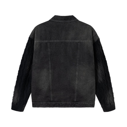 Men's denim jacket with applied leather chest pockets and cable knit sleeves EVA-US