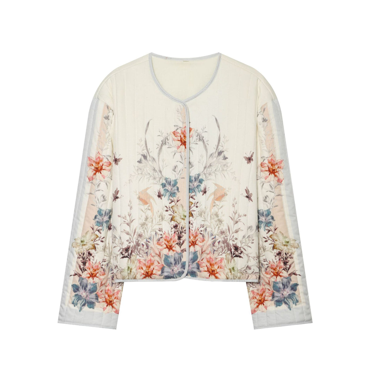 Women's Quilted Cropped Transitional Jacket with Floral Allover Print and Round Neckline EVA-US