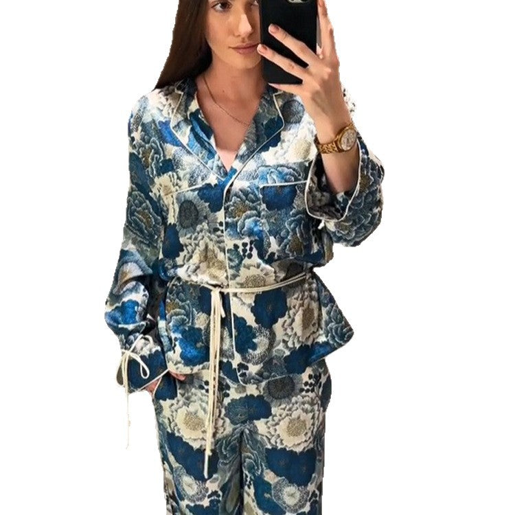 Women Two-Piece Floral Jacquard Loungewear Set with Waist Belt, Piping and Tied Sleeves EVA-US
