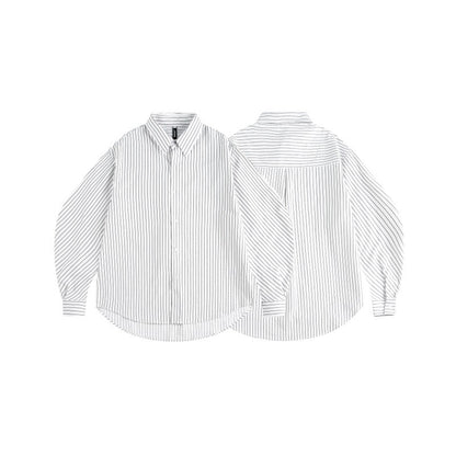 Women Oversize Shirt Blouse with fine pinstripe, balloon sleeves, and rounded hem