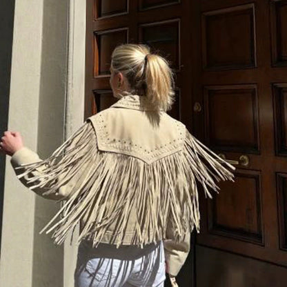 Women's Short Fringe Suede Jacket in Western Style with Decorative Stitches and Studs EVA-US