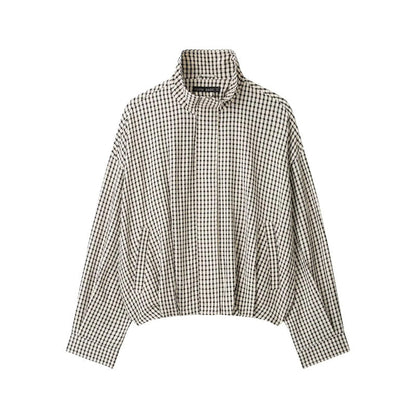 Women’s short-cut checked blouson jacket with stand-up collar, elastic hem, and concealed zipper EVA-US