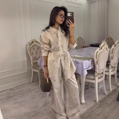 Women Long Shirt Blouse with Fine Pleats, Stand Collar and Tied Belt EVA-US