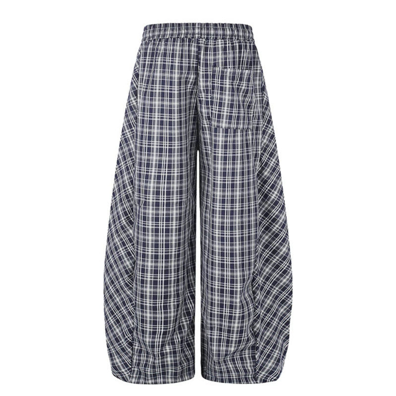 Women Wide Harem Balloon Pants with Elastic Waistband, Drawstring and Check Pattern EVA-US