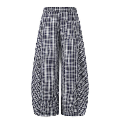 Women Wide Harem Balloon Pants with Elastic Waistband, Drawstring and Check Pattern EVA-US