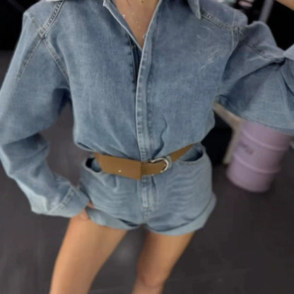 Women's Denim Shorts Overall with Boxy Shirt Top and Waist Belt EVA-US
