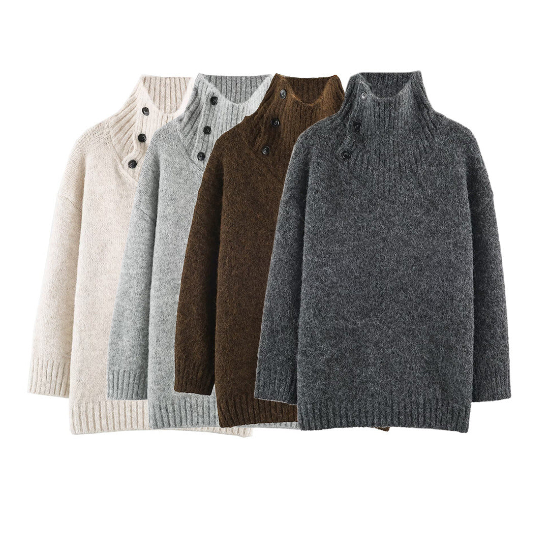 Women's Oversized Knit Sweater with High Ribbed Collar, Button Detail and V-Neck EVA-US