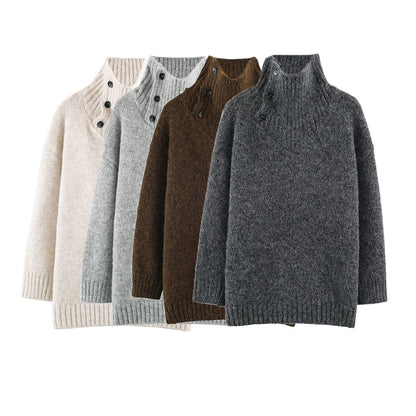 Women's Oversized Knit Sweater with High Ribbed Collar, Button Detail and V-Neck EVA-US