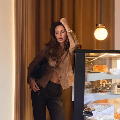Women's Tailored Suede Blazer Jacket with Shirt Collar and Minimalist Decorative Stitches EVA-US