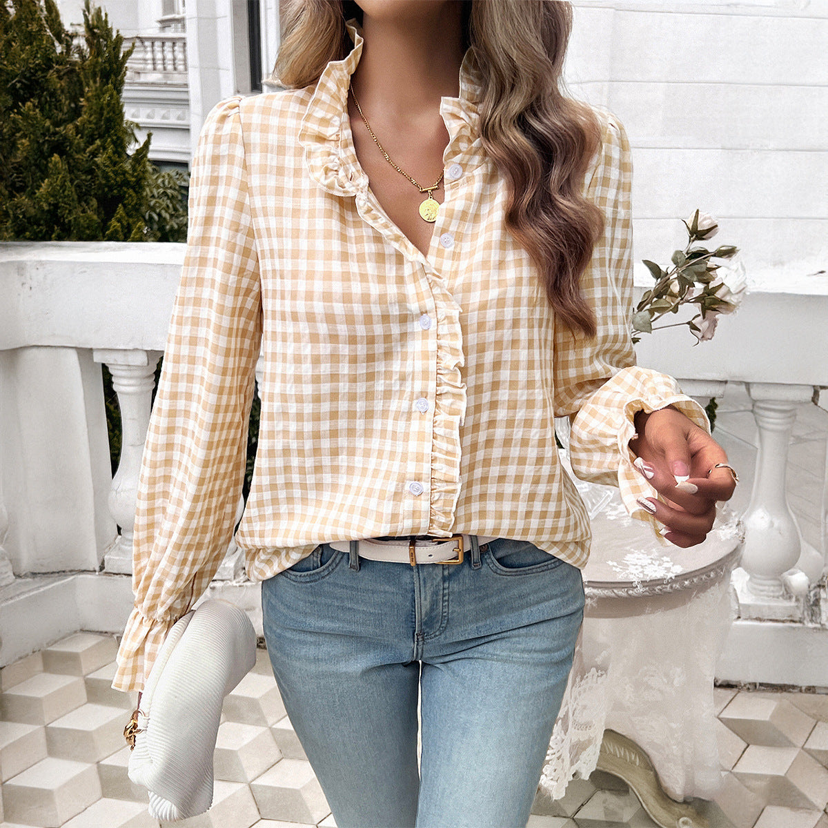 Women Checked Blouse with Ruffle Details and Button Placket EVA-US