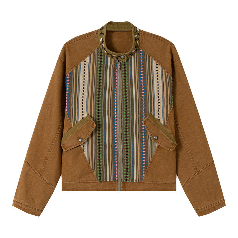 Women's Short Canvas Blouson with Woven Ethno Striped Front and Flap Pockets EVA-US