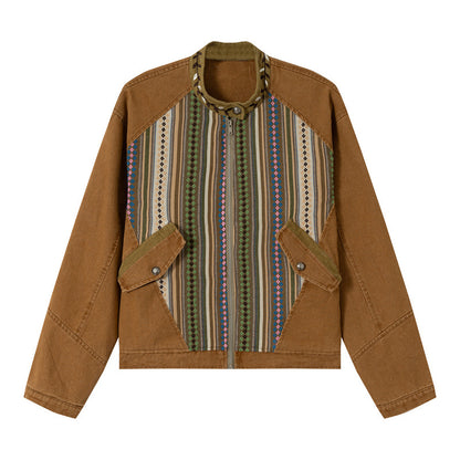Women's Short Canvas Blouson with Woven Ethno Striped Front and Flap Pockets EVA-US