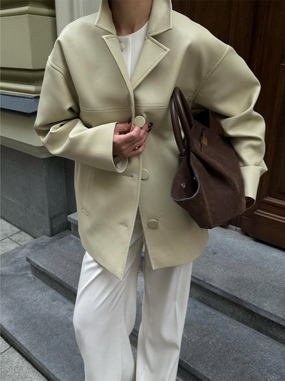 Women Boxy Oversized Blazer Jacket made of vegan leather imitation with dropped shoulder EVA-US
