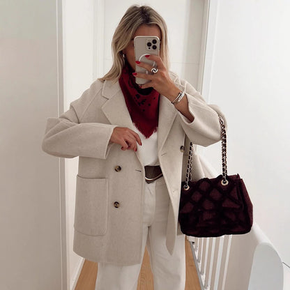 Women's Boxy Wool Blend Cocoon Jacket with Double-Breasted Button Placket and Wide Lapels EVA-US